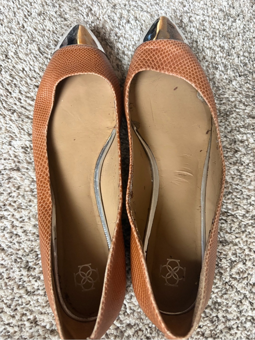 Ann Taylor Brown Textured Pointed-Toe Flats with Silver Cap